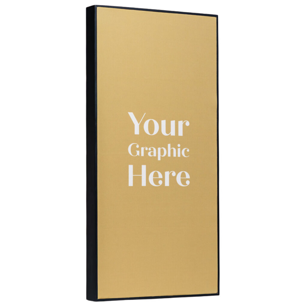 Mockup of a tall framed canvas print with black edges, gold background reading Your Graphic Here